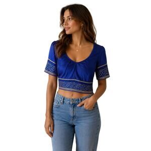 Royal Blue Embroidered Crop Blouse Top XS Boho Ethnic Short Sleeve